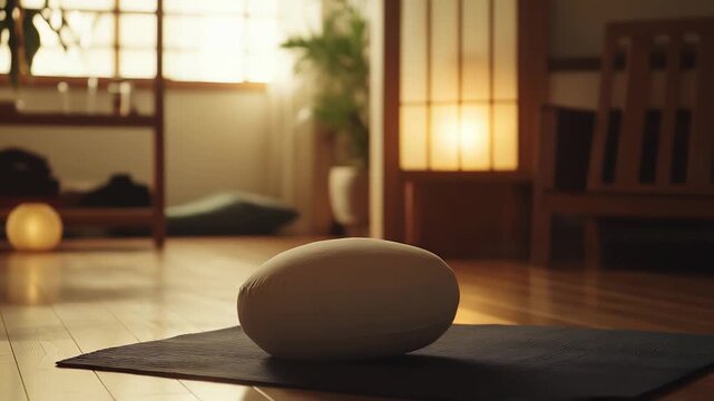 Meditation cushion resting on a yoga mat in a serene room with warm lighting, fostering a peaceful atmosphere for mindfulness, wellness, and contemplation