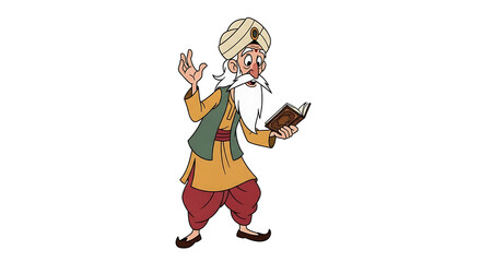 Man in traditional attire walking while reading a book and gesturing with one hand in an illustration