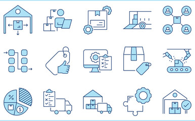 A set of flat icons related to Inventory Management. Package, deliver, store, warehouse, inspection, production, and so on.