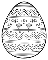 Black and white outline of an Easter egg with decorative patterns and floral motifs for coloring