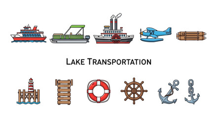Cartoon icons illustrating lake transportation vehicles and nautical equipment on a white background © Kenywanch