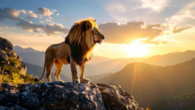 Majestic male lion standing on a rocky cliff at sunset overlooking mountains