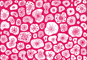 Abstract microbiological pattern of stylized organisms, bacteria, and cells in pink and white tones. Or stylized floral pattern. Hand drawn marker illustration. Idea for biology, party, fabric prints.
