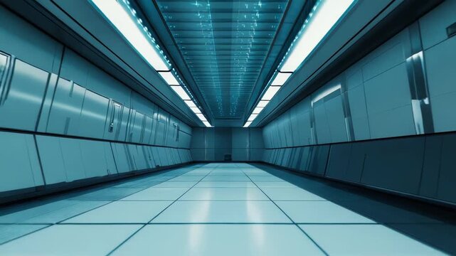Futuristic spaceship corridor with glowing linear lights, smooth metallic surfaces and sterile minimalist design, empty high tech passage evoking science lab facility