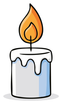 Cute cartoon style lit candle with melting wax and bright glowing flame