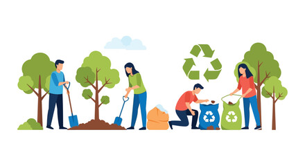 People planting trees and recycling demonstrating environmental care and sustainability on transparent background silhouette high quality professional detailed modern elegant stylish