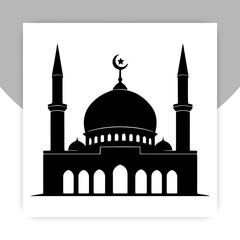 Fototapeta premium Islamic Mosque Silhouette with Crescent Moon Isolated on White Background,