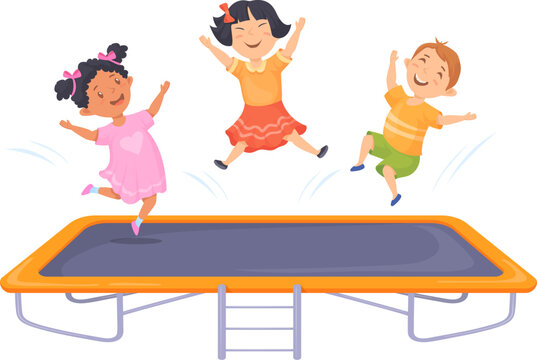 Happy kids jumping on trampoline. Friends joy together