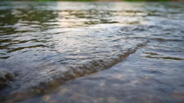 Observe the serene movement of clear, fresh water rippling over a pebbly riverbed in a peaceful natural environment.