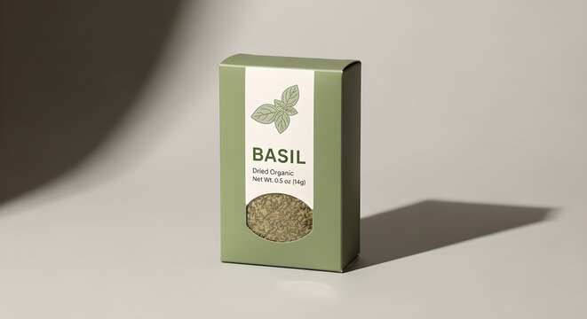 A green basil packaging box with a white label and butterfly logo displayed on a plain surface with soft lighting and a subtle shadow effect