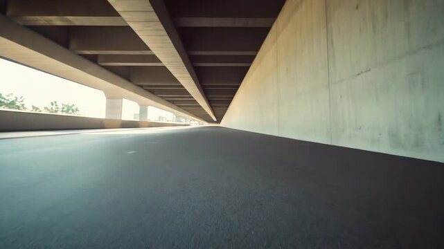 Concrete highway underpass featuring textured asphalt pavement and strong architectural lines, creating a sense of infrastructure, transportation, and urban design
