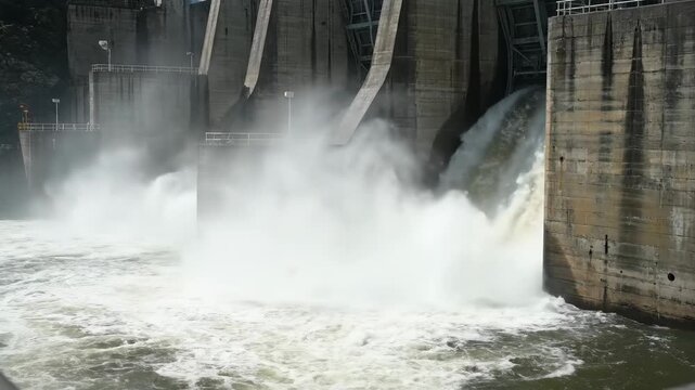 Powerful water discharge from a large concrete dam generating immense mist and turbulent currents below