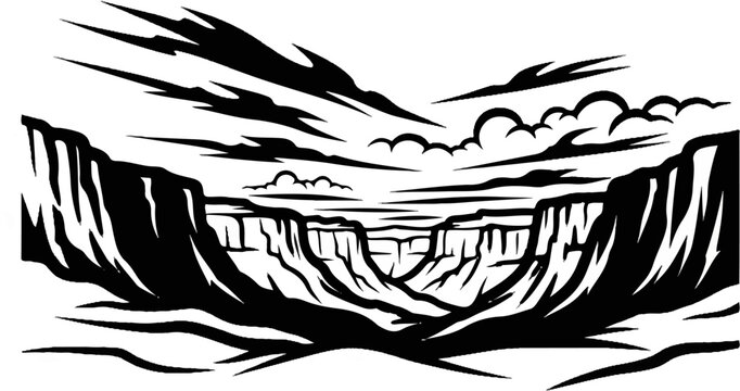 Dramatic black and white stylized illustration of a vast canyon with striated cliffs