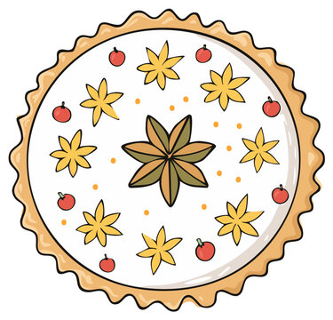 Aesthetic Holiday Pie Illustration with Crust, Floral Design, Apples, and Dots for Seasonal Designs and Festive Projects
