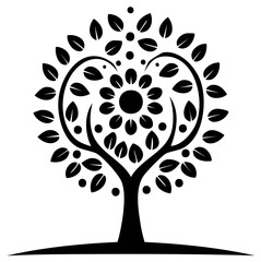 Stylized Black Tree Silhouette with Heart Shaped Branches and Floral Center