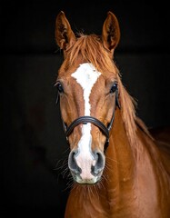 Fototapeta premium A brown horse with a white stripe on its face