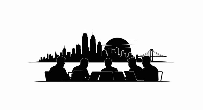 Five silhouetted figures at laptops, with a city skyline and bridge backdrop