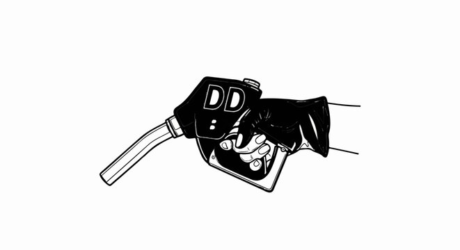 Hand holding a gasoline pump nozzle with the letters "DD" on it