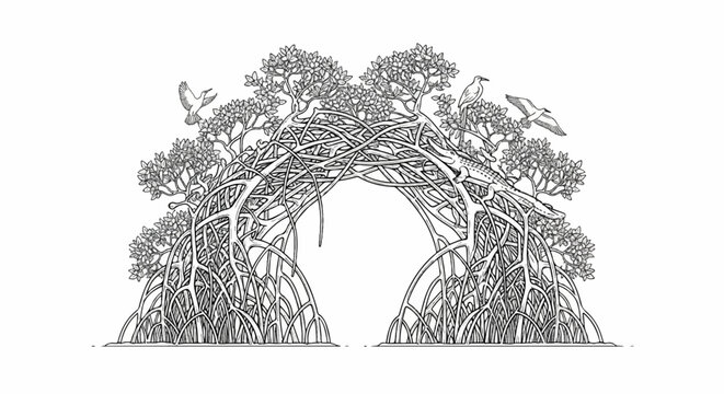Intricate drawing of mangrove roots forming an archway with trees and birds