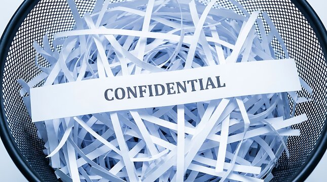 Corporate document security and privacy concept showing shredded paper in office bin with confidential word clearly visible on white strip highlighting sensitive information safety