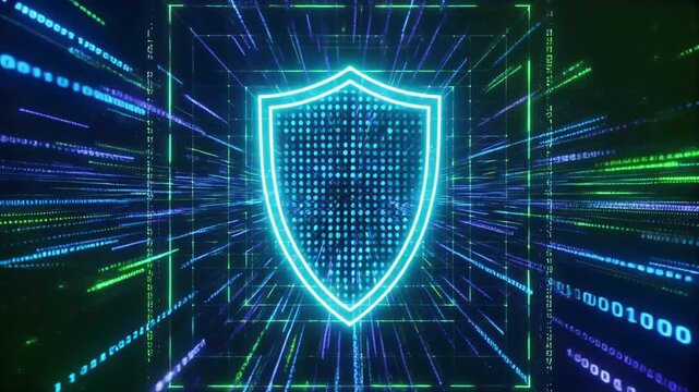 Abstract cyber security concept with glowing shield icon, digital network grid, flowing data streams and binary code animation in neon blue and green high tech background.