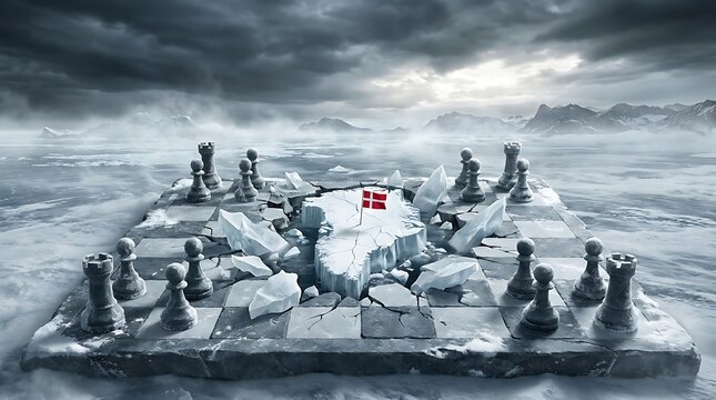 Strategic chess game on frozen chessboard with Danish flag on ice island representing geopolitical conflict and international strategy cold war