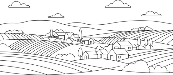 Fototapeta premium Rural farmland landscape line art flat vector illustration, rolling hills, village houses, crop fields, countryside, trees, peaceful design