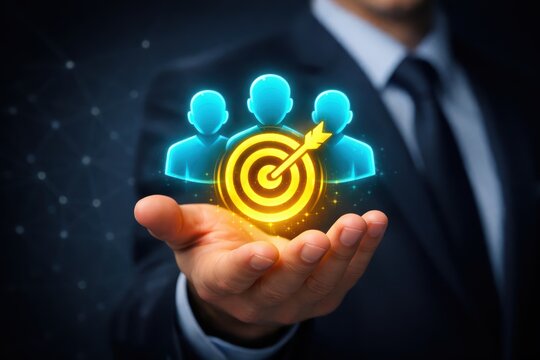 Strategic Target: A businessperson's hand cradles a luminescent digital emblem of a bullseye, symbolizing strategic planning, and collaborative goals. This visualization represents precision.