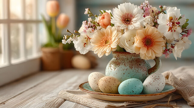 A rustic vase filled with spring flowers, including gerbera daisies and blossoms, sits on a plate with pastel-colored easter eggs. the arrangement is placed by a bright window, creating a cozy, festiv