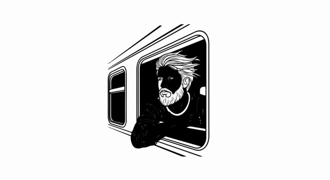 Man with windswept hair looks out of a train window, arm resting on sill