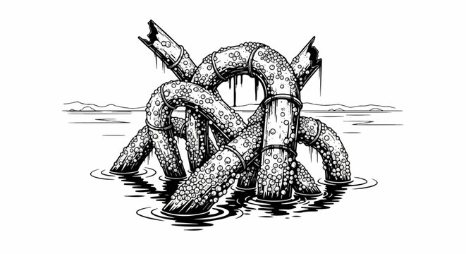 Intricate knot of barnacle-encrusted pipes submerged in murky water