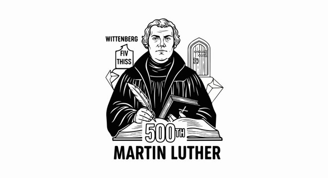 Historical figure writing with quill pen, 500th anniversary of Martin Luther