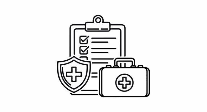 Medical icons clipboard with checklist, shield, and first aid kit