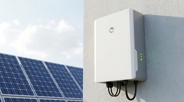 Solar energy system components, solar panels generating electricity, and smart inverter mounted on wall, clean power generation, sustainable energy, renewable power technology.