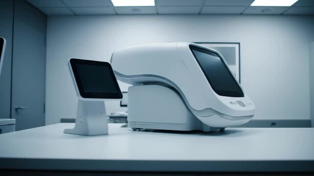Sleek, futuristic medical devices on a clean white table in a contemporary hospital or clinic room.
