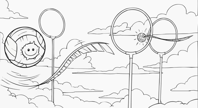 Coloring page for children - a dynamic scene of a Quidditch match high in the air