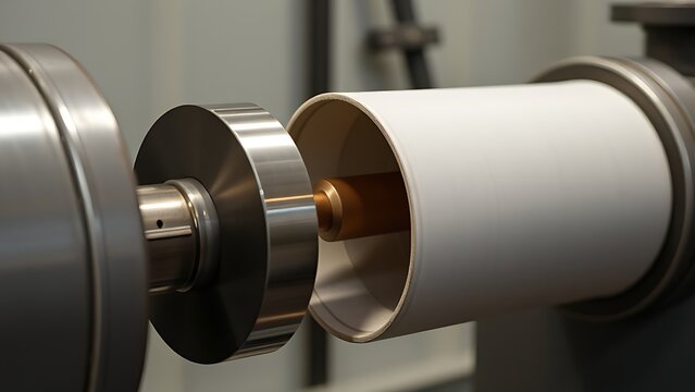 mandrel. A conical metal lathe mandrel rotating with an unfinished tube sleeve fitted over it. safety posters, maintenance manuals, designed for precision metalworking and fabrication facilities.