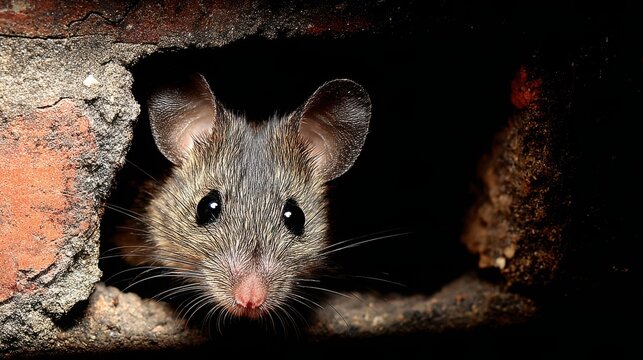 A tiny mouse peeking its head out from a dark hole in a rough wall, showcasing its delicate whiskers and curious eyes.