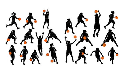 Dynamic female basketball player silhouette jump shot action - vector illustration