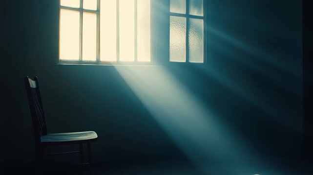 Wooden chair in a dark, empty room bathed in a single bright sunbeam through a barred window, evoking isolation, hope, solitude and quiet promise of renewal