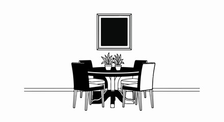 Fototapeta premium Minimalist black and white drawing of a round dining table set with chairs and plants