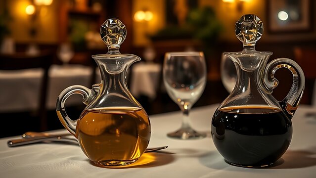 cruets. Glass cruets with olive oil and balsamic vinegar on a linen table. menu design, packaging mockups, designed for culinary blogs and recipe cards for restaurants.