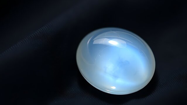 culpability. A moonstone gemstone glowing softly on dark fabric, close-up view. STEM education sheets, lab safety posters, designed for STEM education and laboratory safety posters.