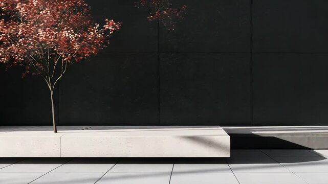 Modern architecture, a young maple tree, and a concrete bench establish a minimalist design, creating a tranquil urban outdoor space with contrasting materials