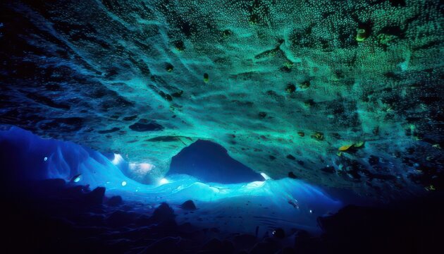 Mystical Ice Cave with Blue and Green Illumination.