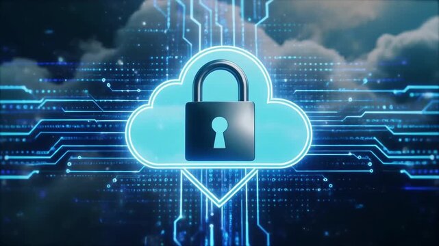 Glowing cloud icon transforming into secure metallic padlock with animated data streams and shield pulse effect, modern cloud security and data protection concept