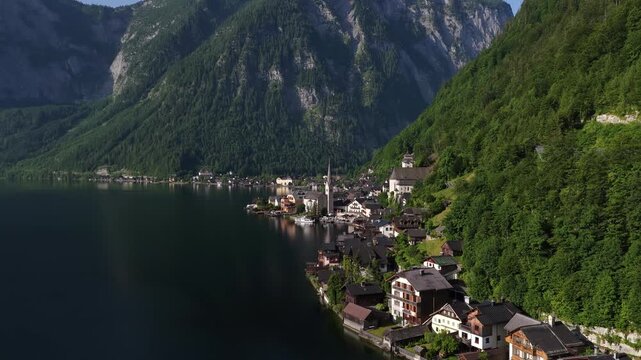 Aerial high angle view of hallstatt village in austria