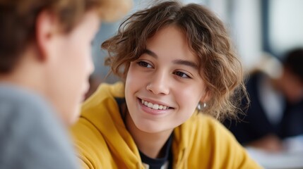 Obraz premium Smiling high school girl talking with friends in classroom.