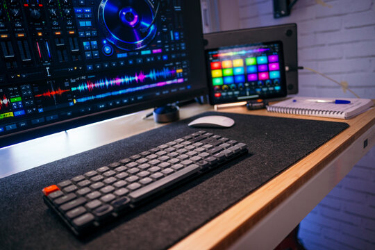Music production home studio setup with digital audio workstation