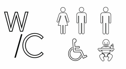 Icons for restroom facilities including men, women, wheelchair, and baby changing